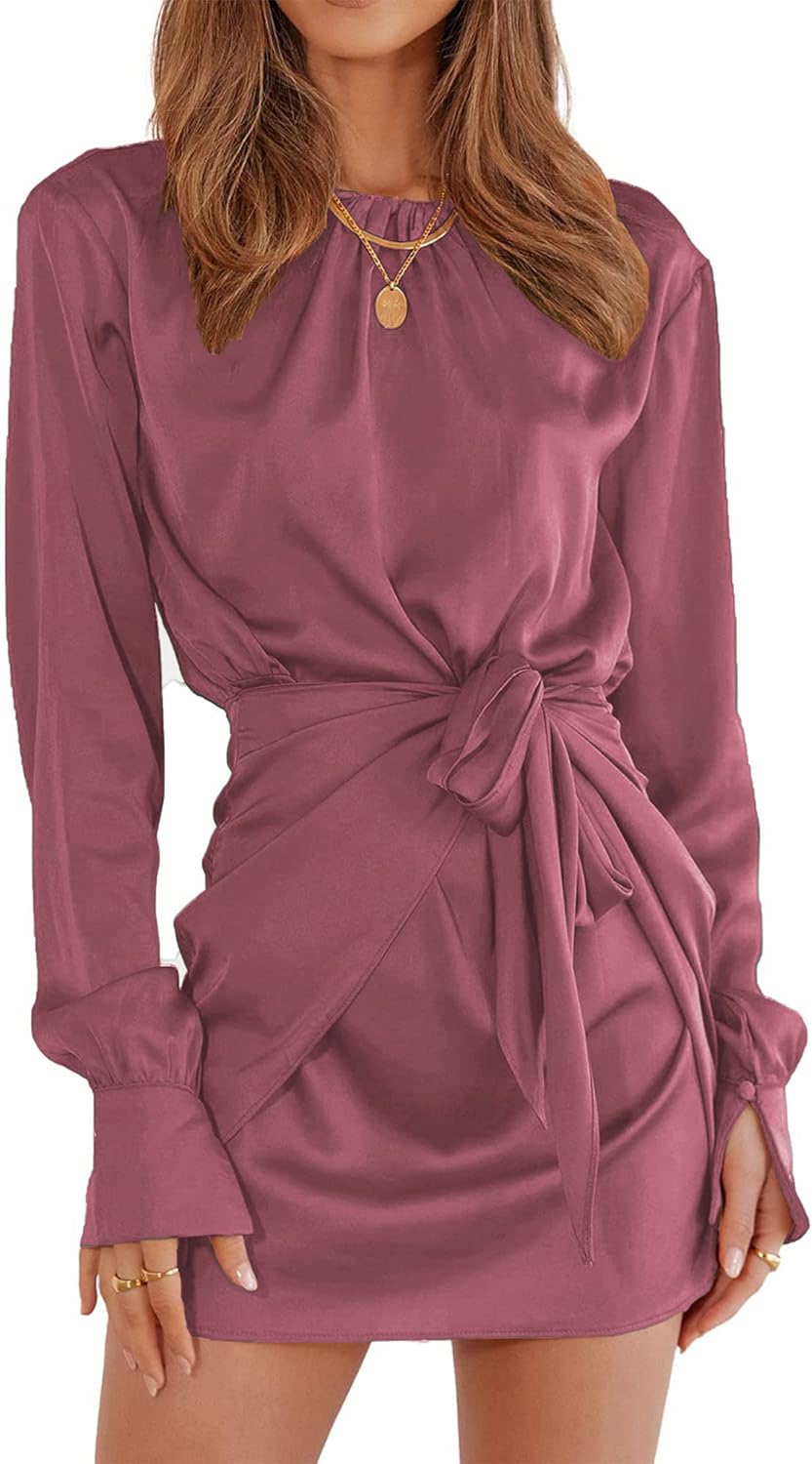Women Casual Long Sleeve Ruched Wrap Dress Crew Neck Tie Waist Short Dresses Solid Party Dresses Satin Cocktail Dress