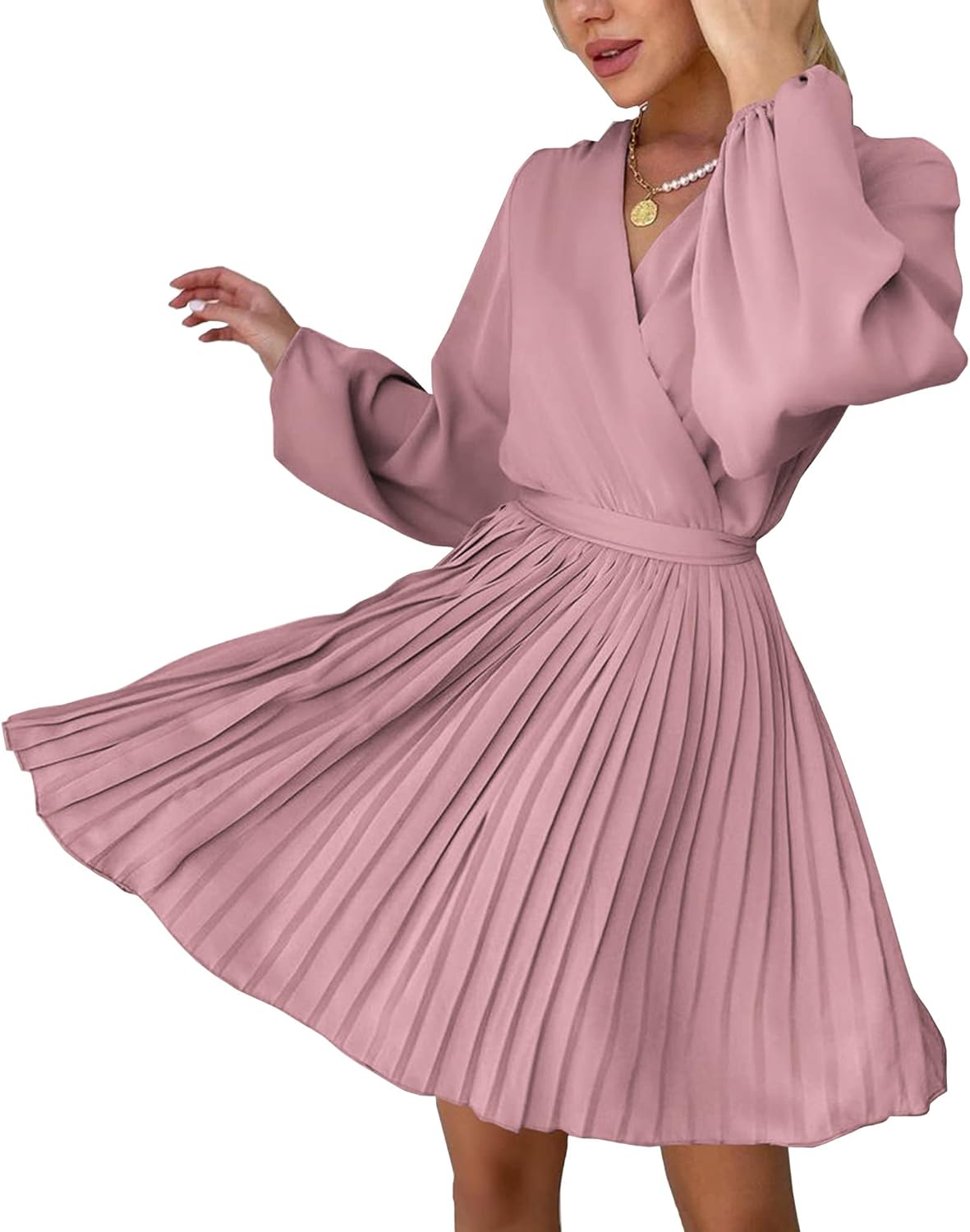 Women Casual Summer Fall Dresses 2023 Boho Wrap V Neck Puff Long Sleeve Cocktail Flowy Pleated A-Line Mini Dress
