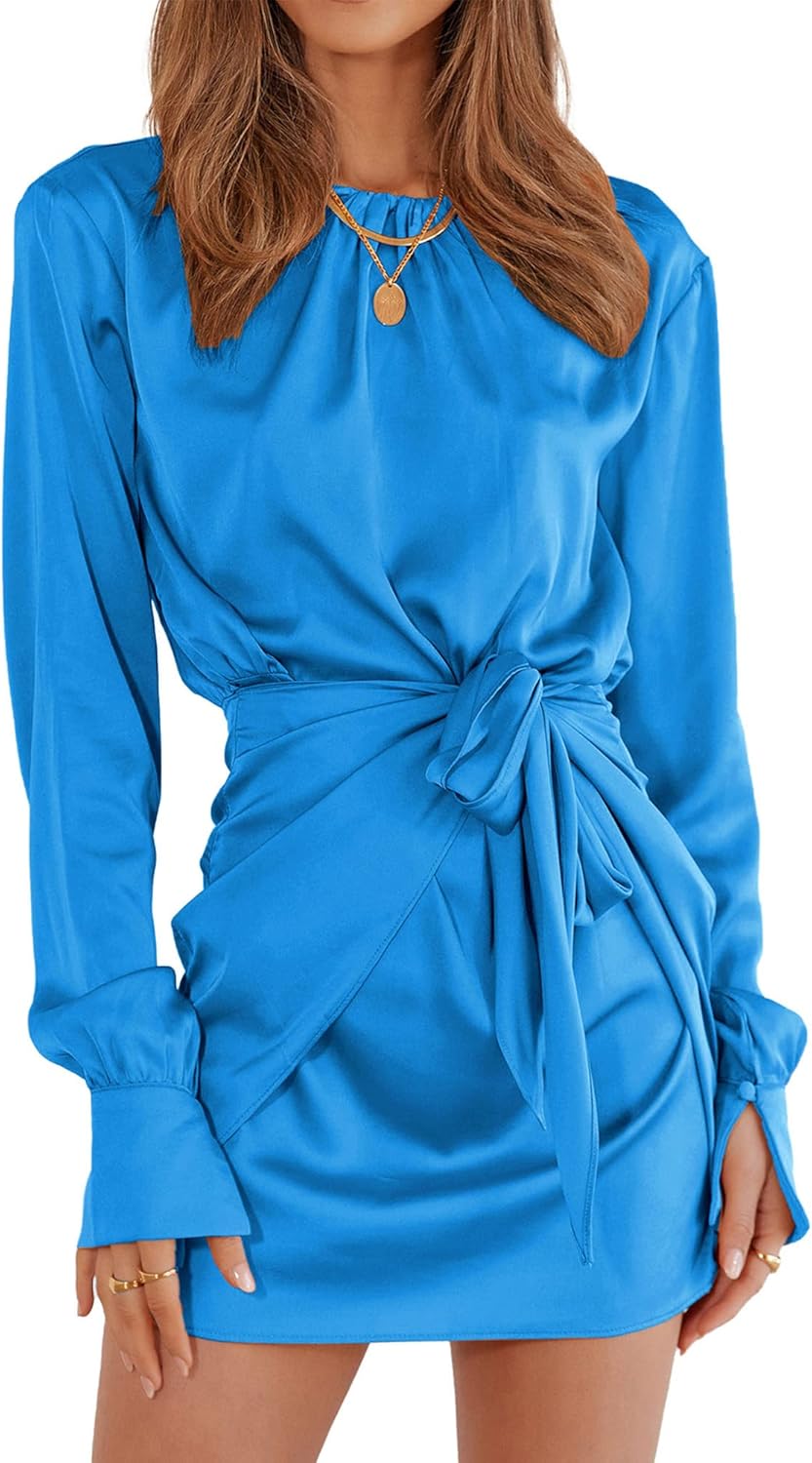 Women Casual Long Sleeve Ruched Wrap Dress Crew Neck Tie Waist Short Dresses Solid Party Dresses Satin Cocktail Dress