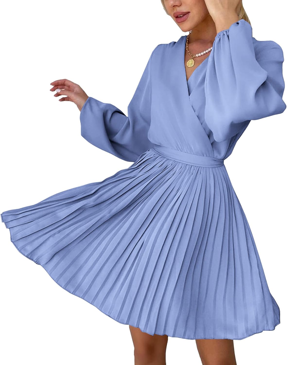Women Casual Summer Fall Dresses 2023 Boho Wrap V Neck Puff Long Sleeve Cocktail Flowy Pleated A-Line Mini Dress