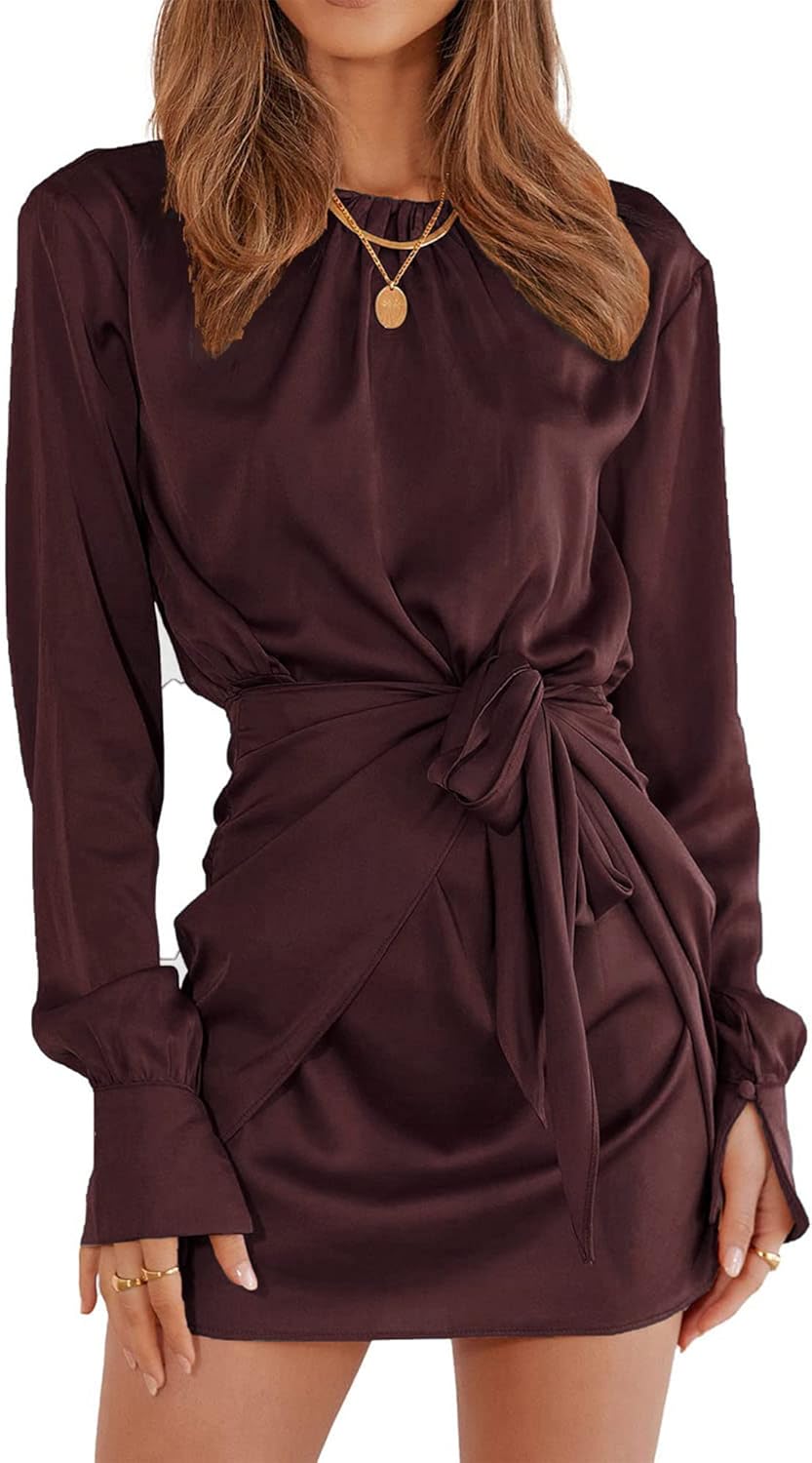 Women Casual Long Sleeve Ruched Wrap Dress Crew Neck Tie Waist Short Dresses Solid Party Dresses Satin Cocktail Dress
