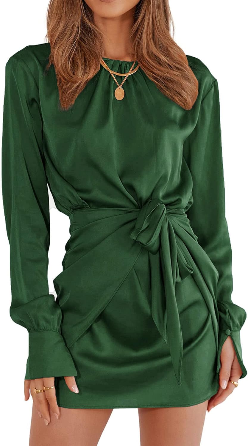 Women Casual Long Sleeve Ruched Wrap Dress Crew Neck Tie Waist Short Dresses Solid Party Dresses Satin Cocktail Dress
