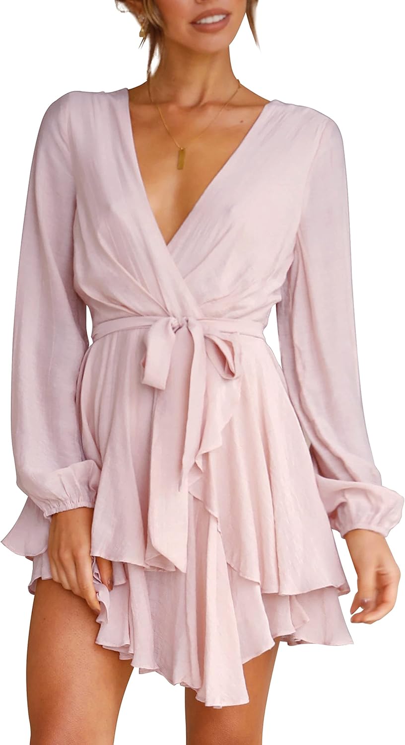 Women's Dress Deep V-Neck Long Sleeve Waist Tie Ruffle Mini Swing Skater Dresses
