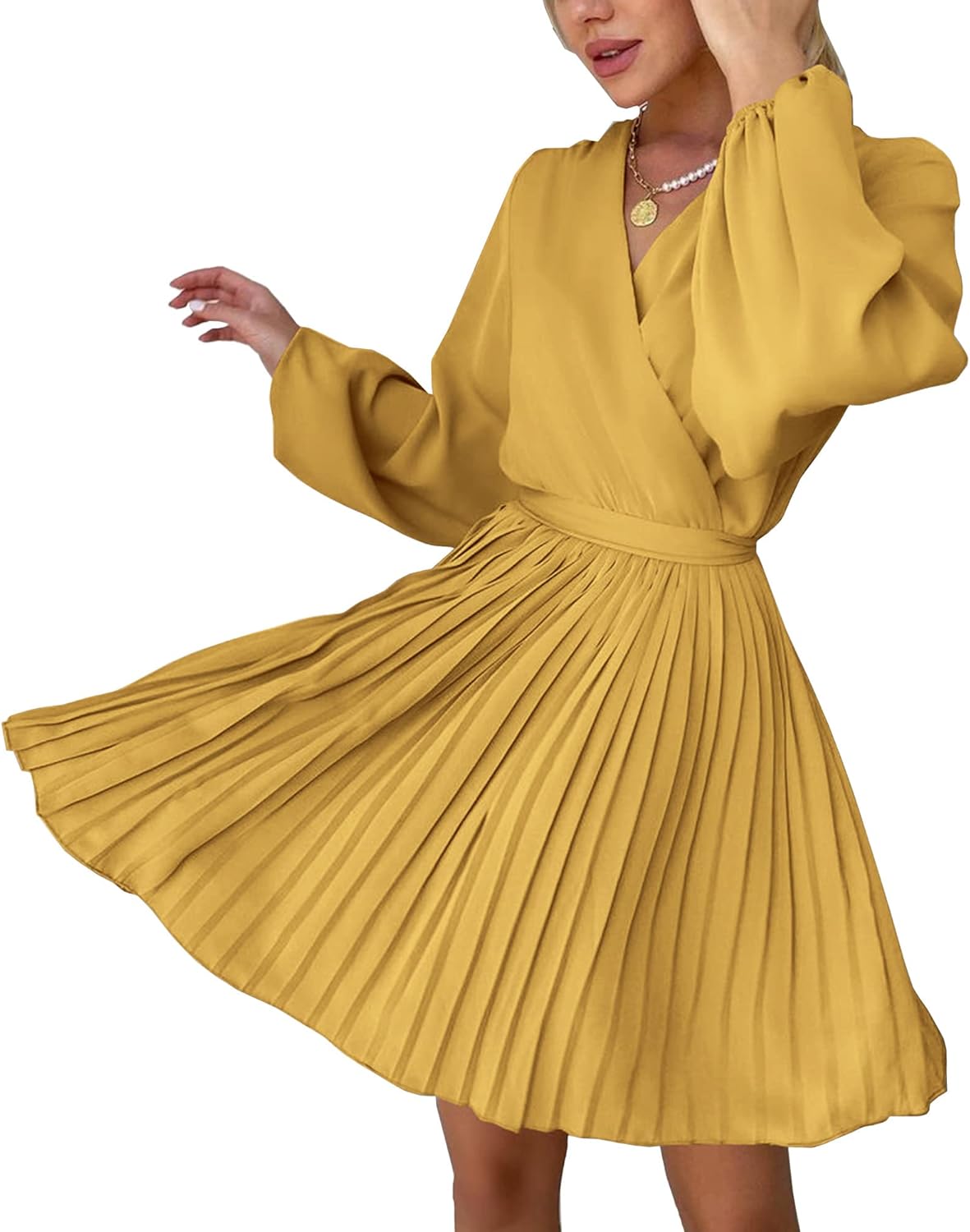 Women Casual Summer Fall Dresses 2023 Boho Wrap V Neck Puff Long Sleeve Cocktail Flowy Pleated A-Line Mini Dress