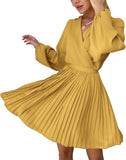 Women Casual Summer Fall Dresses 2023 Boho Wrap V Neck Puff Long Sleeve Cocktail Flowy Pleated A-Line Mini Dress