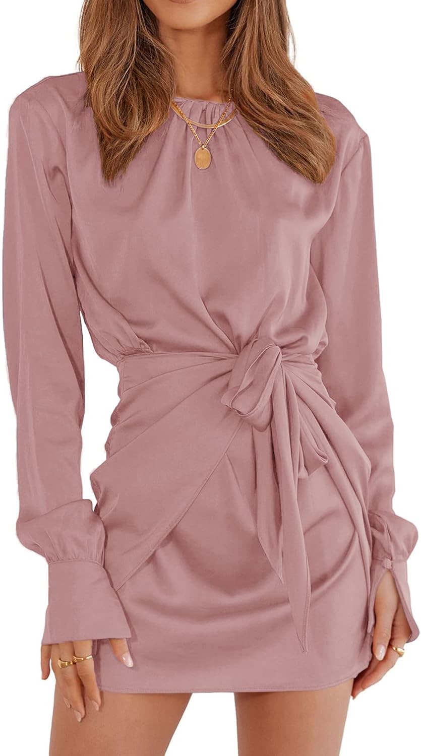 Women Casual Long Sleeve Ruched Wrap Dress Crew Neck Tie Waist Short Dresses Solid Party Dresses Satin Cocktail Dress