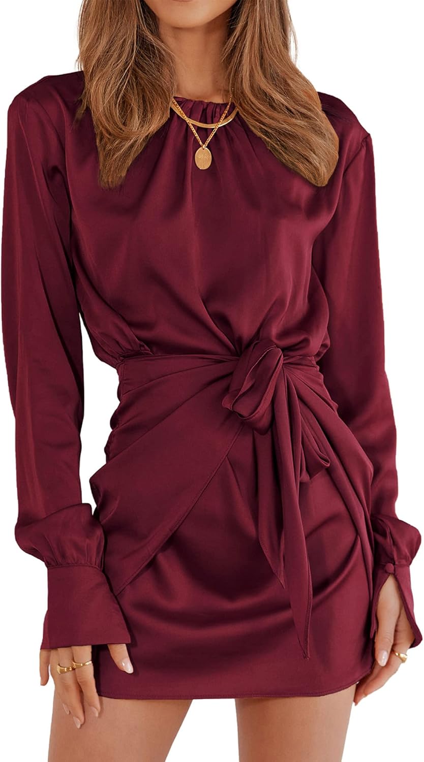 Women Casual Long Sleeve Ruched Wrap Dress Crew Neck Tie Waist Short Dresses Solid Party Dresses Satin Cocktail Dress