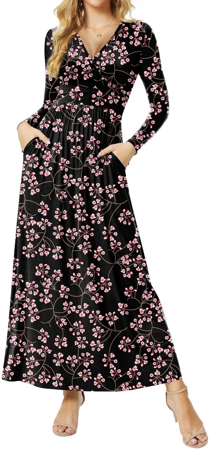 Women's Dresses Deep V-Neck Long Sleeve Empire Waist Long Dress Casual with Pockets