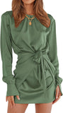 Women Casual Long Sleeve Ruched Wrap Dress Crew Neck Tie Waist Short Dresses Solid Party Dresses Satin Cocktail Dress