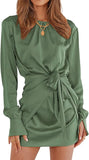 Women Casual Long Sleeve Ruched Wrap Dress Crew Neck Tie Waist Short Dresses Solid Party Dresses Satin Cocktail Dress