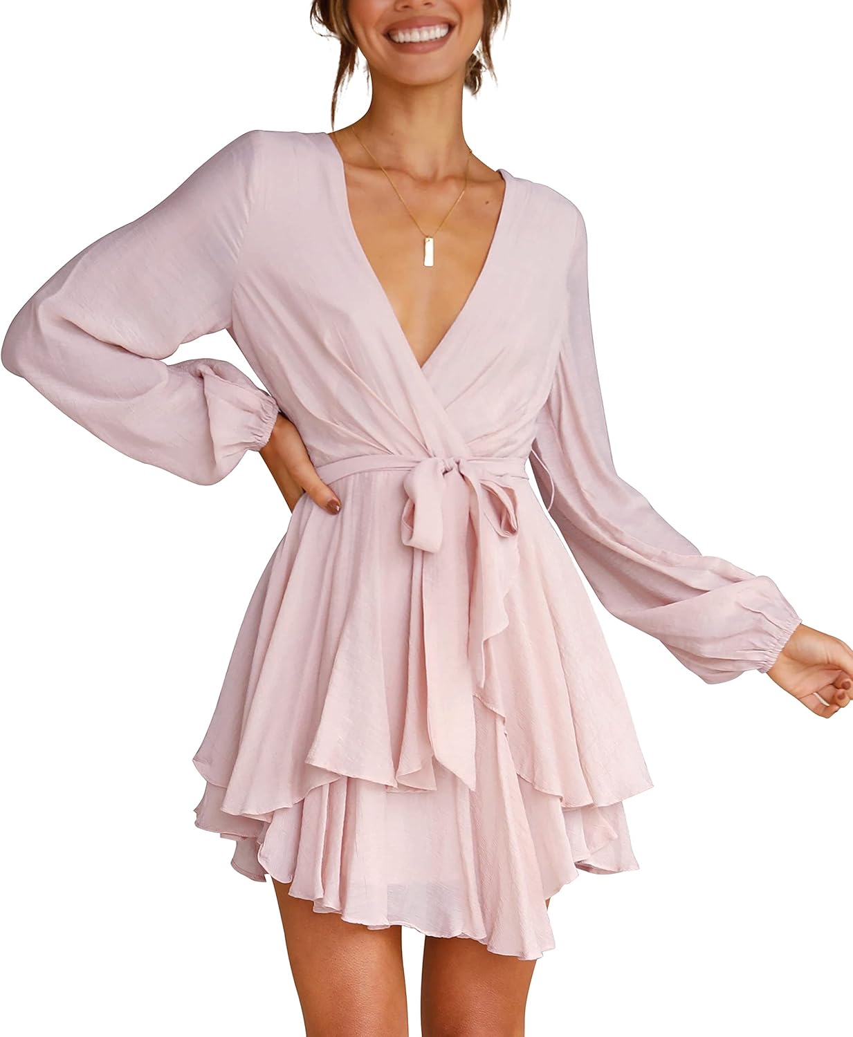Women's Dress Deep V-Neck Long Sleeve Waist Tie Ruffle Mini Swing Skater Dresses
