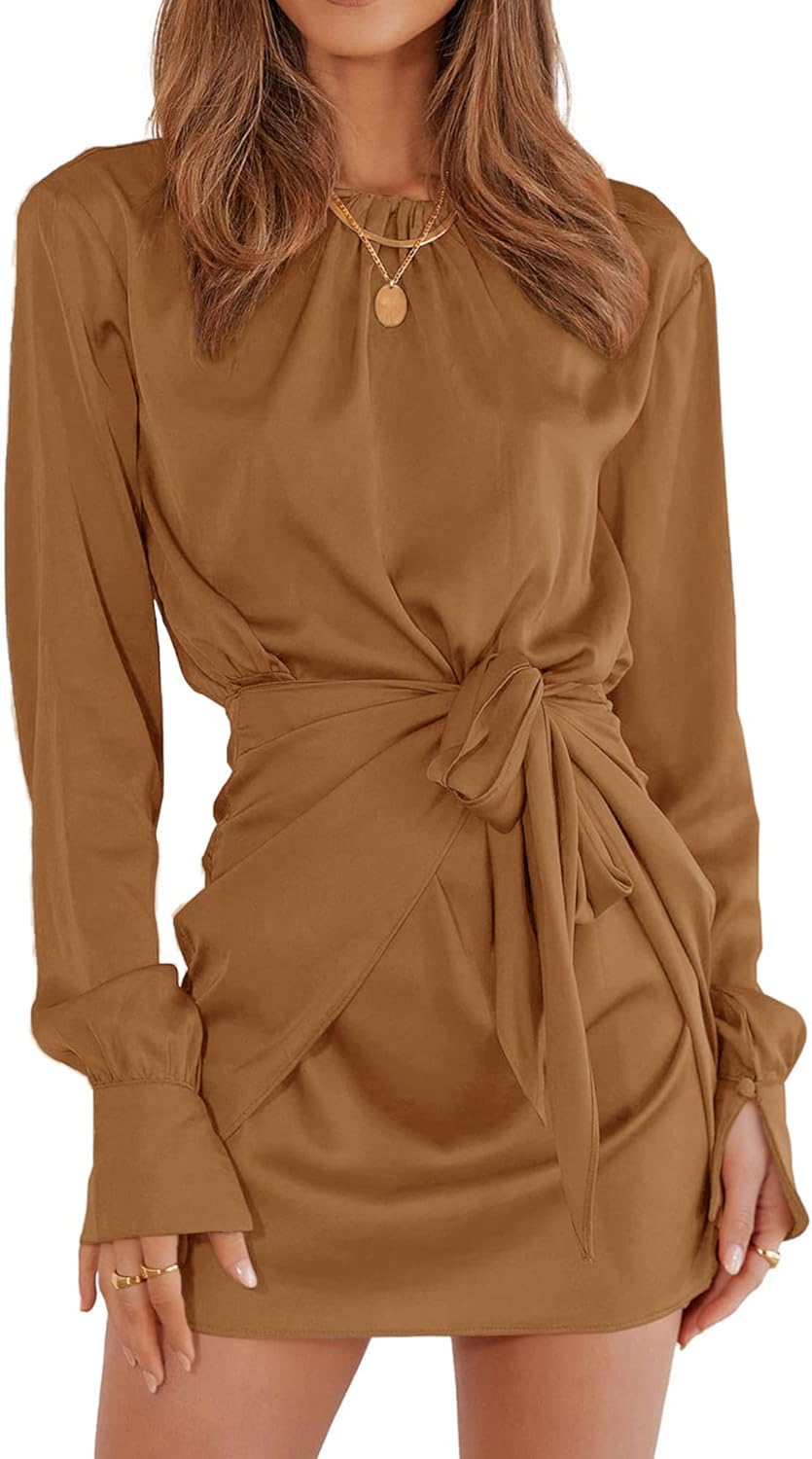 Women Casual Long Sleeve Ruched Wrap Dress Crew Neck Tie Waist Short Dresses Solid Party Dresses Satin Cocktail Dress