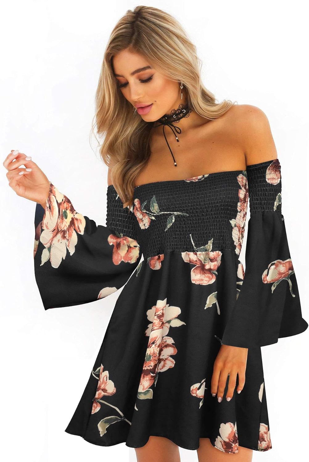 Women's Dress Summer Floral Long Sleeve Off Shoulder Casual Mini Dresses