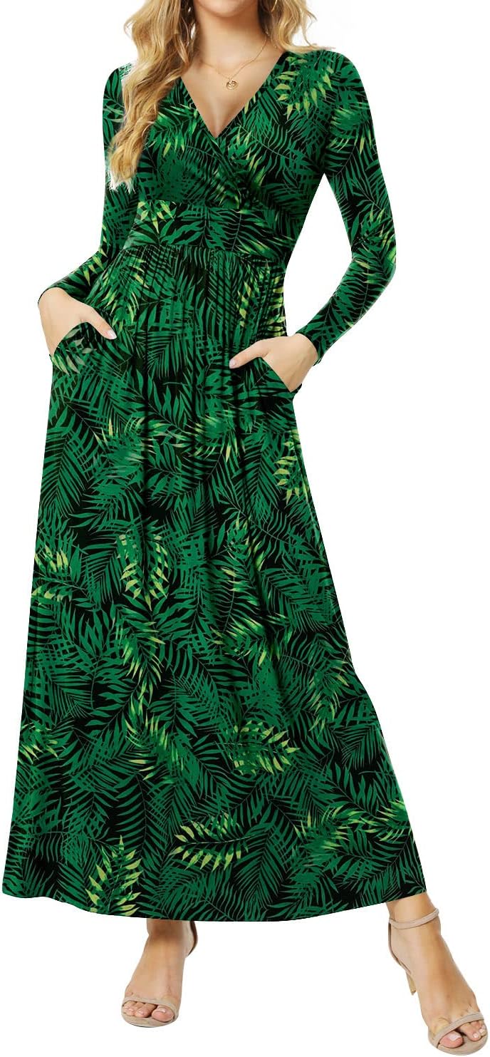 Women's Dresses Deep V-Neck Long Sleeve Empire Waist Long Dress Casual with Pockets