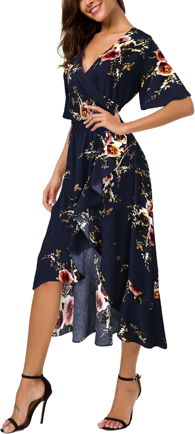 Womens Short Sleeve Floral High Low V-Neck Flowy Party Long Maxi Dress