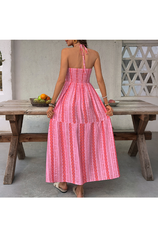 Boho Halter Neck Slit Geometric Print Dress