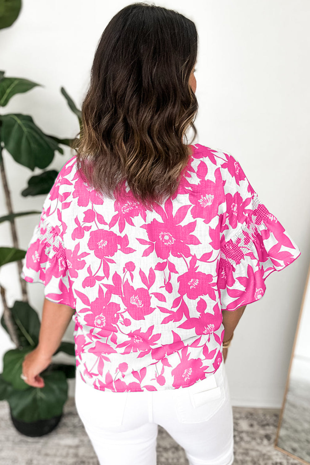 Green Floral Printed Ruffled Short Sleeve Round Neck Loose Blouse