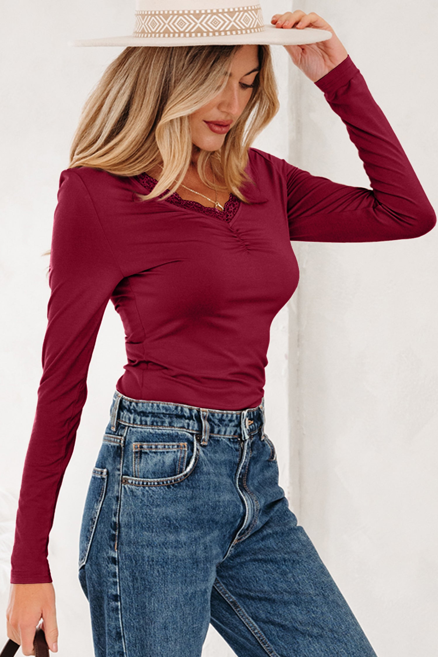 Smoke Gray Lace-trimmed Sweetheart Neckline Ruched Detail Long Sleeve T-shirt