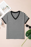 Black Striped Print V Neck Delicate Trim Casual Tee