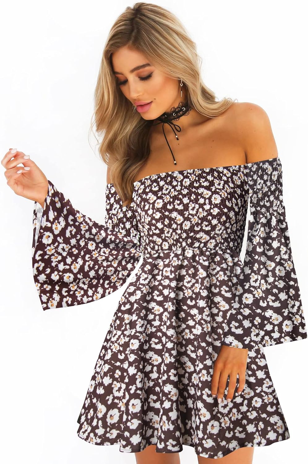 Women's Dress Summer Floral Long Sleeve Off Shoulder Casual Mini Dresses