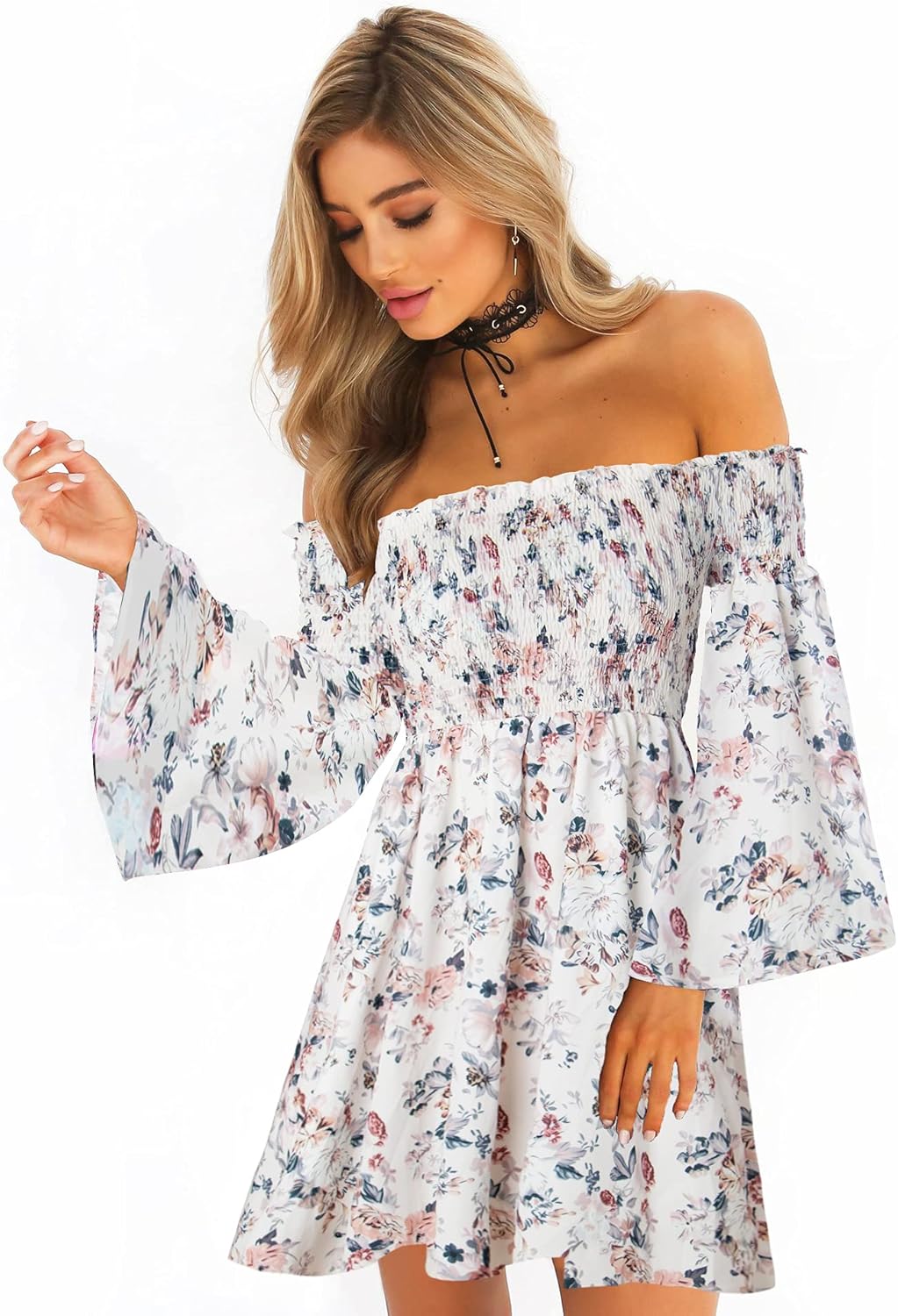 Women's Dress Summer Floral Long Sleeve Off Shoulder Casual Mini Dresses
