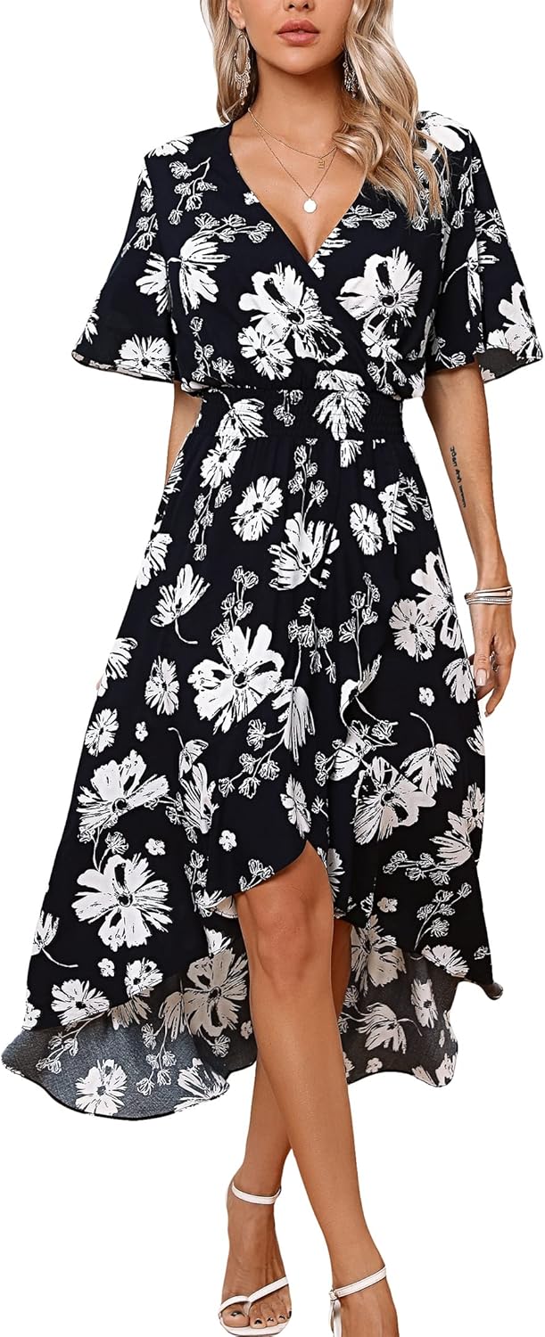Womens Short Sleeve Floral High Low V-Neck Flowy Party Long Maxi Dress