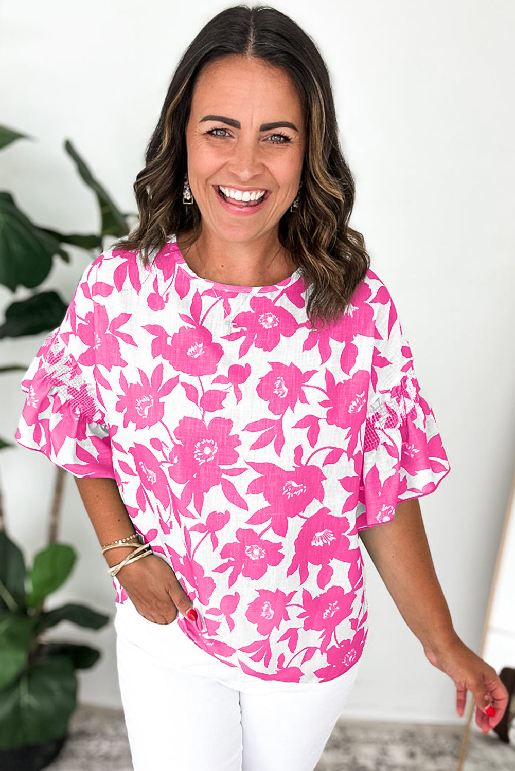 Green Floral Printed Ruffled Short Sleeve Round Neck Loose Blouse