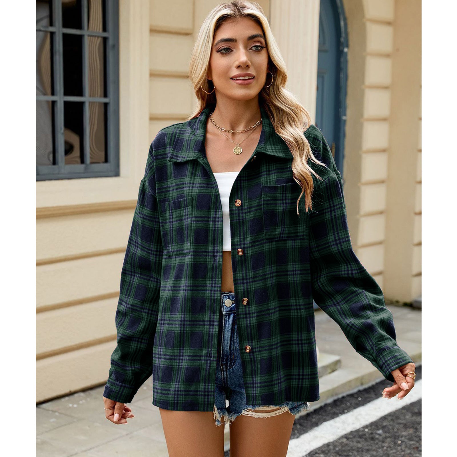 Lapel Long Sleeve Pocket Button Plaid Shirt Top Women