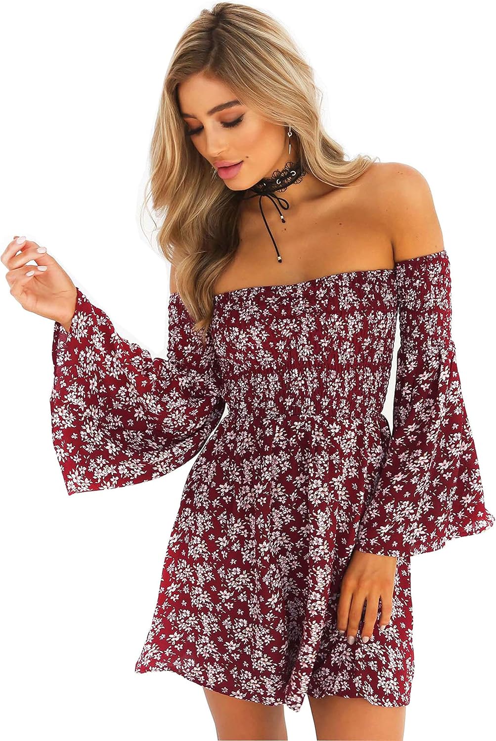 Women's Dress Summer Floral Long Sleeve Off Shoulder Casual Mini Dresses