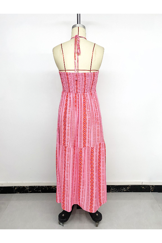 Boho Halter Neck Slit Geometric Print Dress