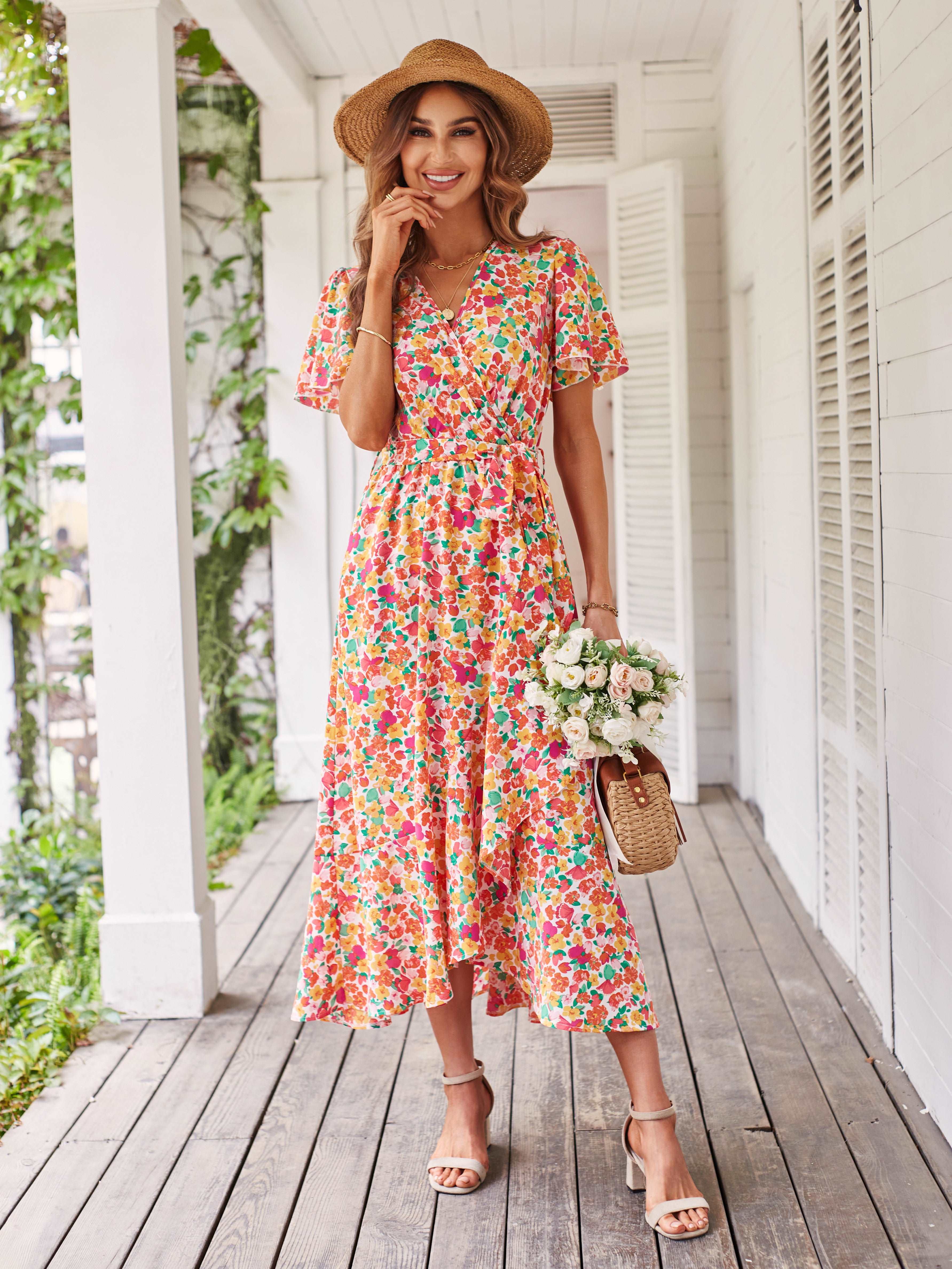 Women's Dresses Casual Summer Wrap V Neck Short Sleeve Belted Ruffle Hem A-Line Bohemian Maxi Dress