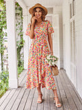 Women's Dresses Casual Summer Wrap V Neck Short Sleeve Belted Ruffle Hem A-Line Bohemian Maxi Dress