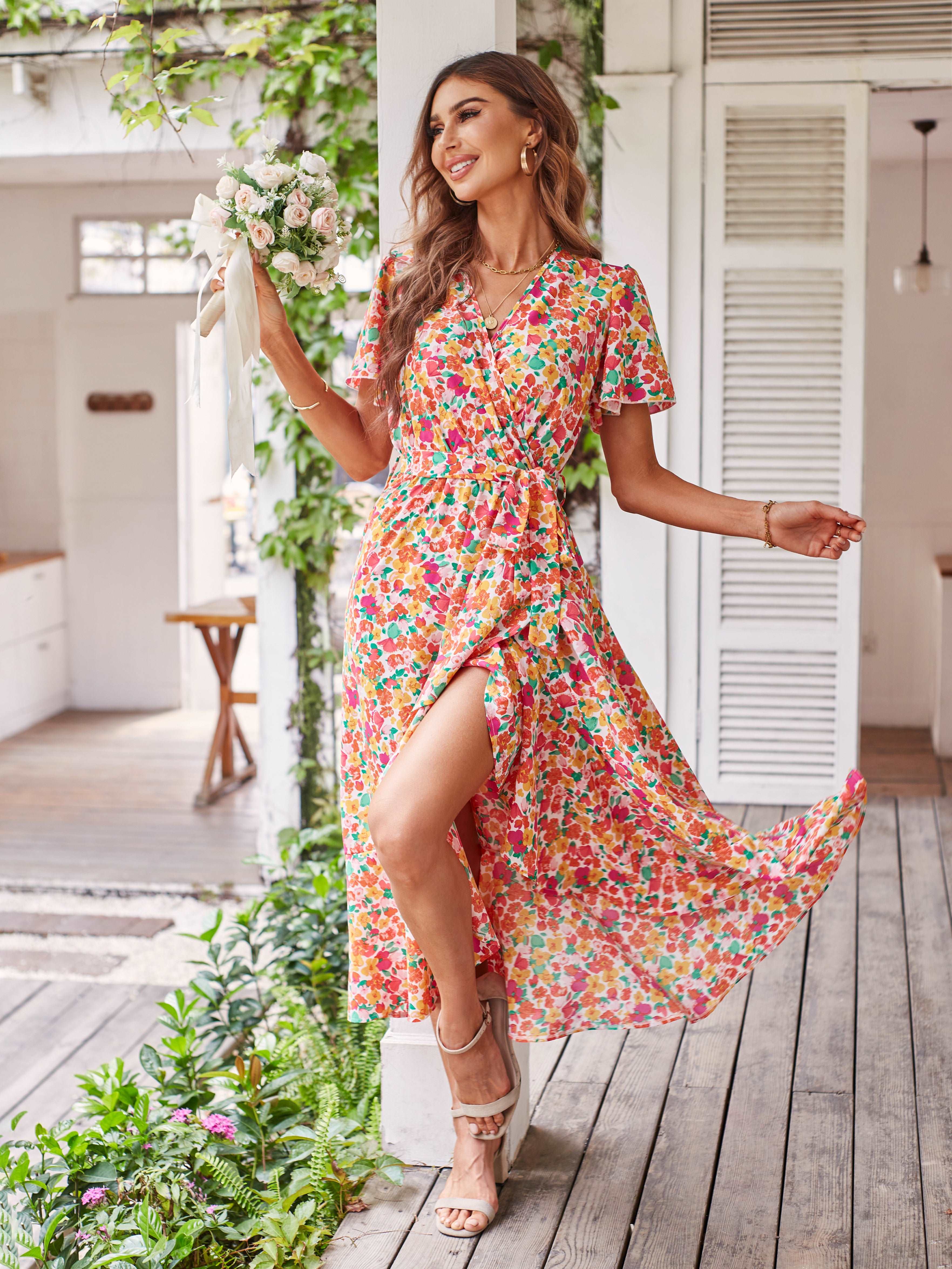 Women's Dresses Casual Summer Wrap V Neck Short Sleeve Belted Ruffle Hem A-Line Bohemian Maxi Dress