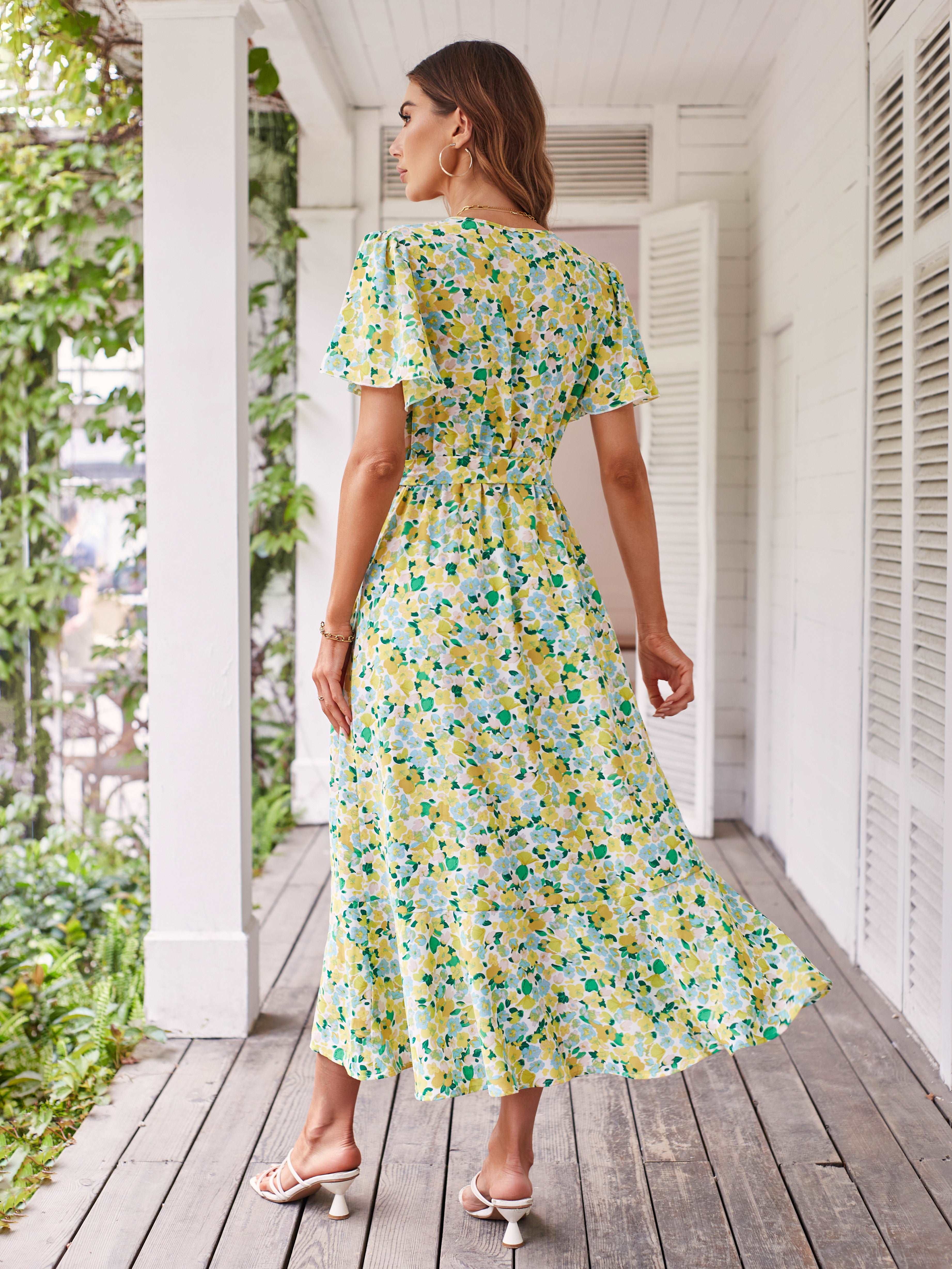 Women's Dresses Casual Summer Wrap V Neck Short Sleeve Belted Ruffle Hem A-Line Bohemian Maxi Dress