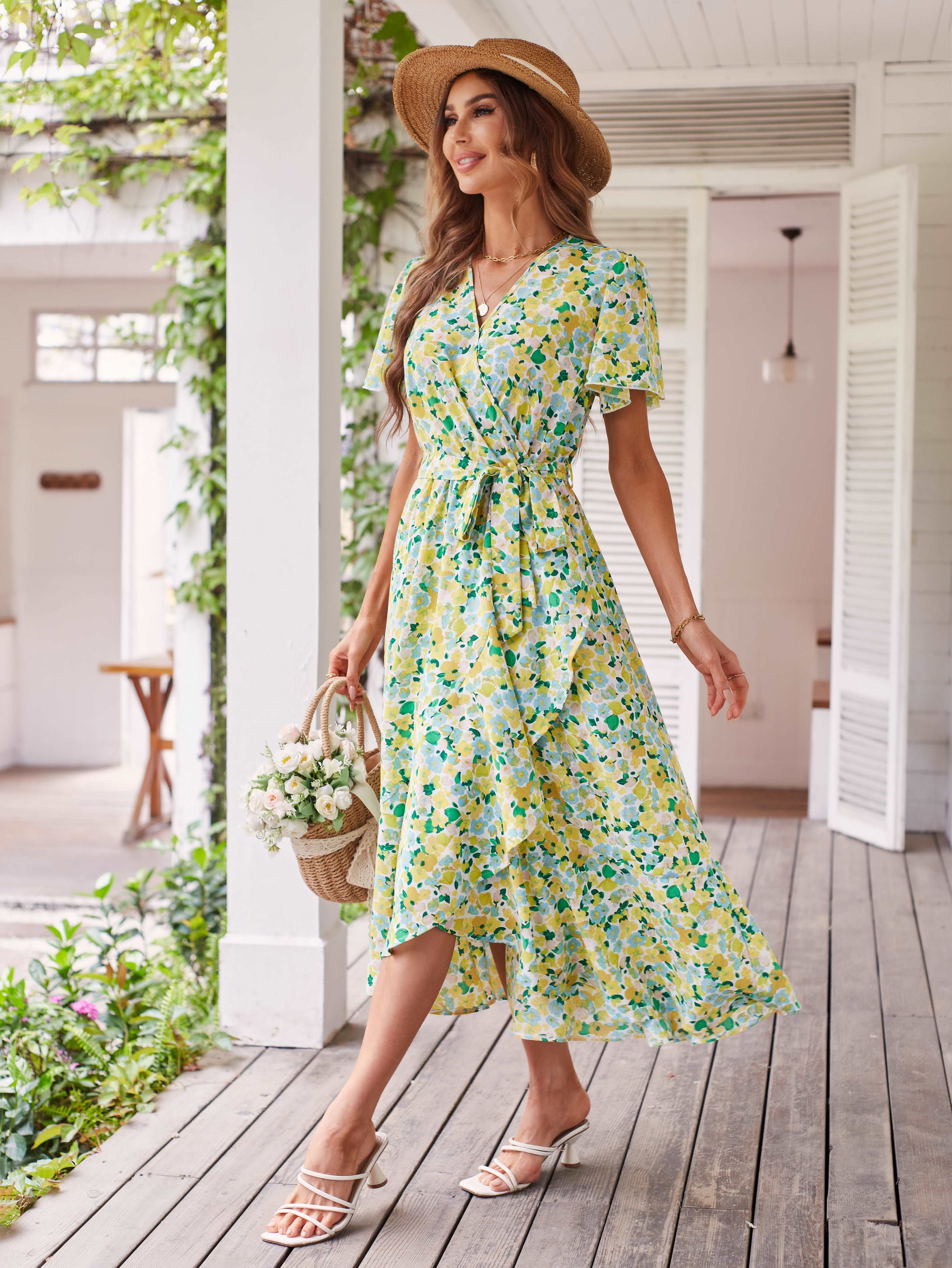 Women's Dresses Casual Summer Wrap V Neck Short Sleeve Belted Ruffle Hem A-Line Bohemian Maxi Dress