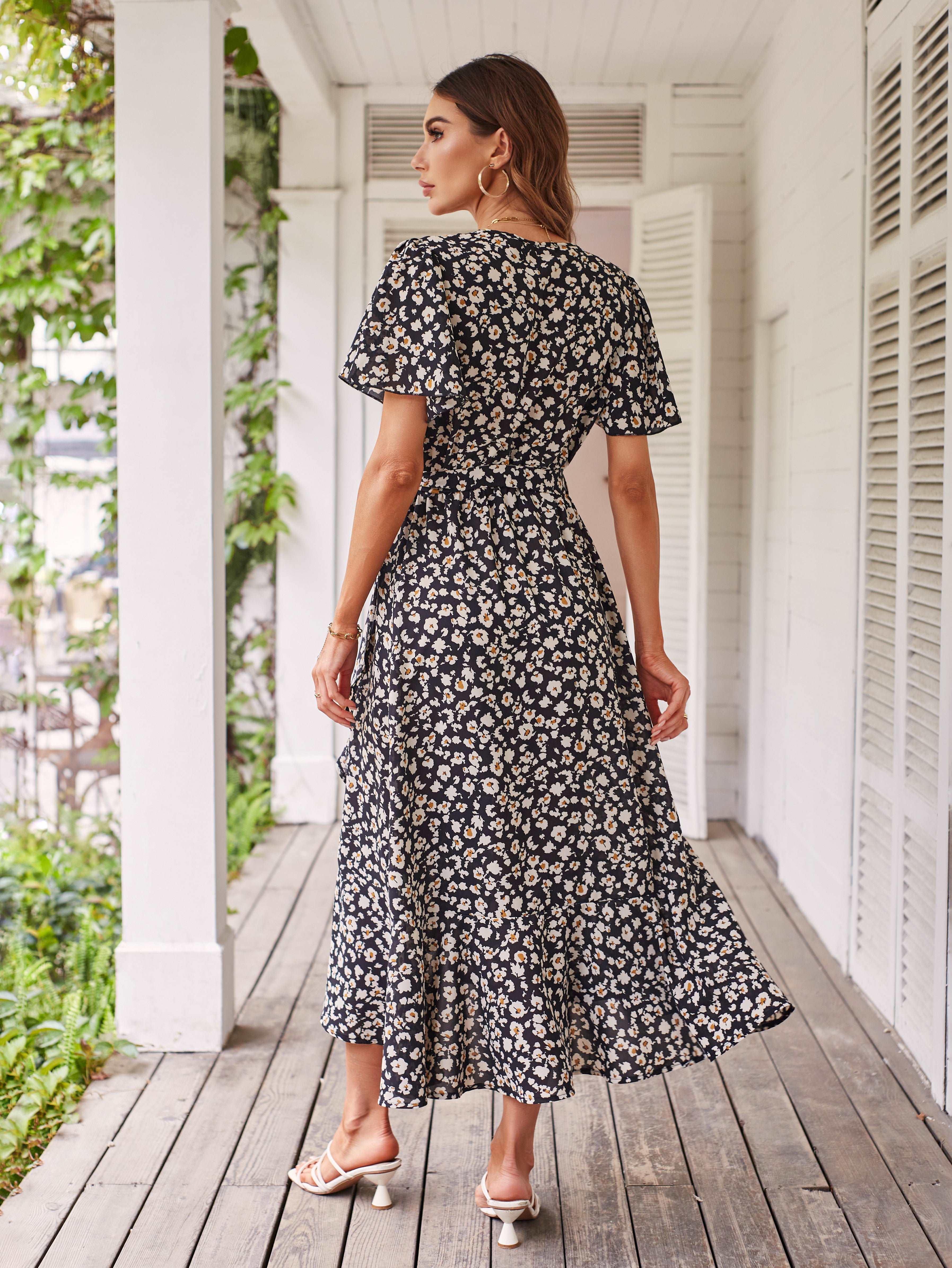 Women's Dresses Casual Summer Wrap V Neck Short Sleeve Belted Ruffle Hem A-Line Bohemian Maxi Dress