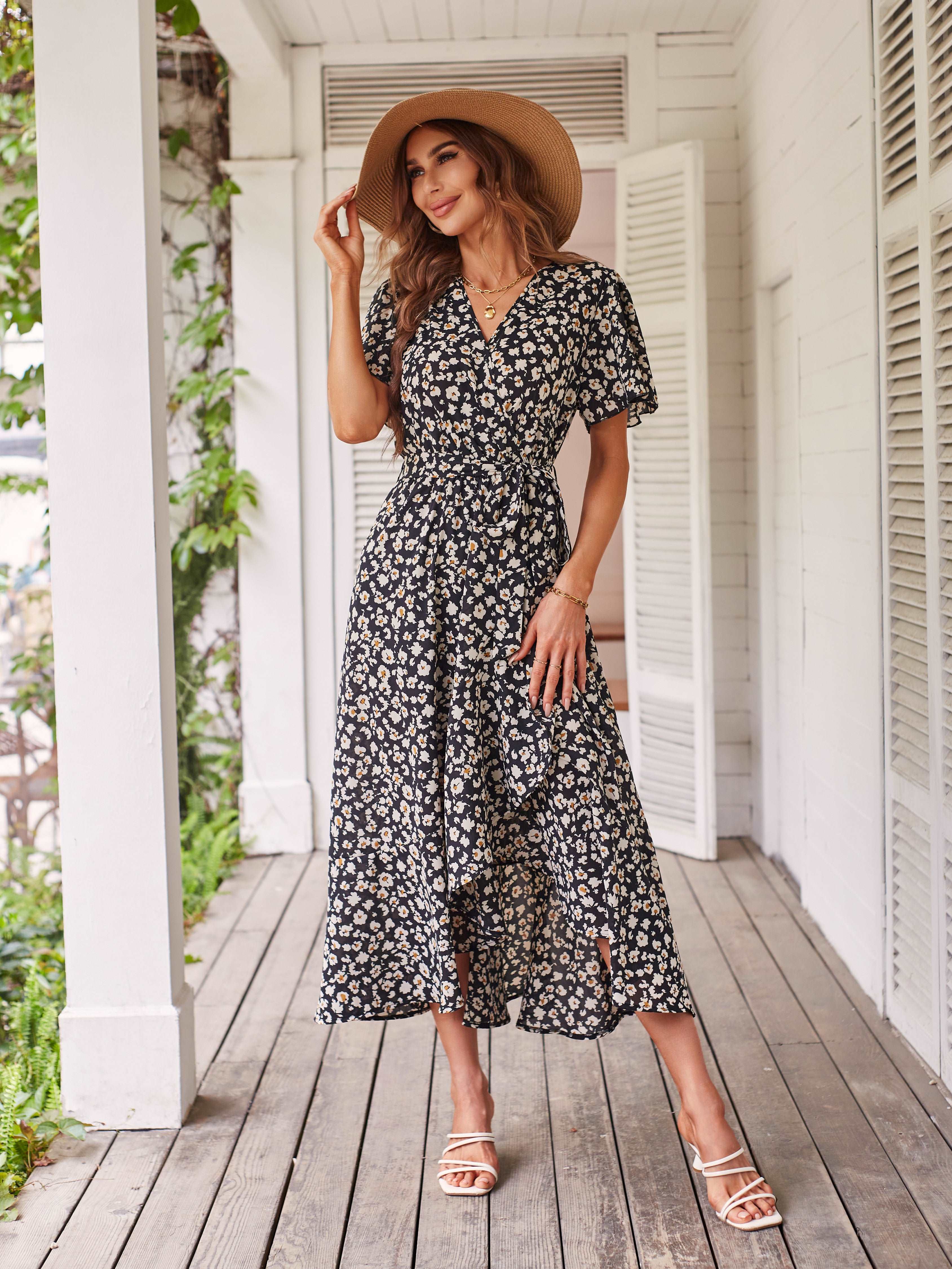 Women's Dresses Casual Summer Wrap V Neck Short Sleeve Belted Ruffle Hem A-Line Bohemian Maxi Dress