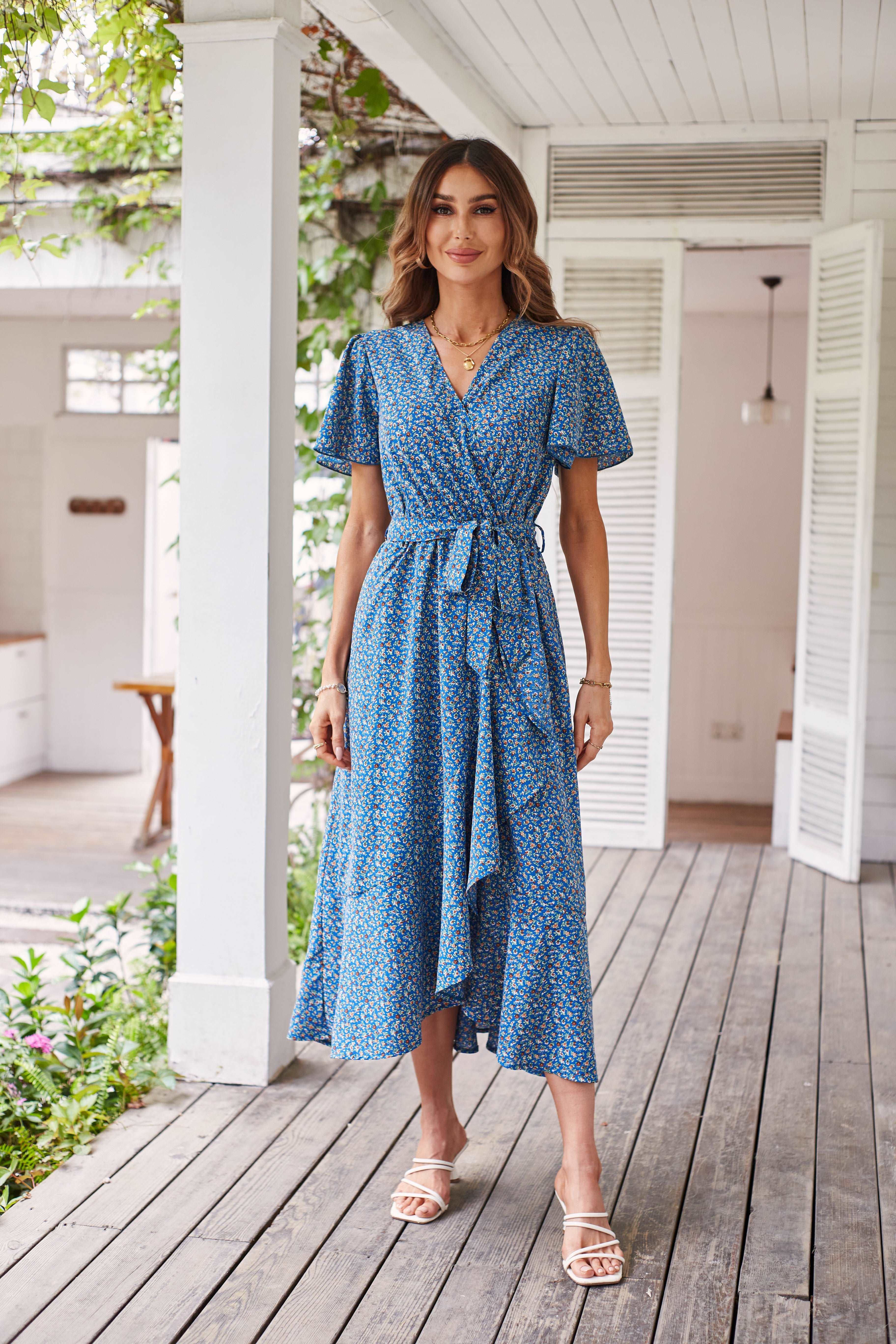 Women's Dresses Casual Summer Wrap V Neck Short Sleeve Belted Ruffle Hem A-Line Bohemian Maxi Dress