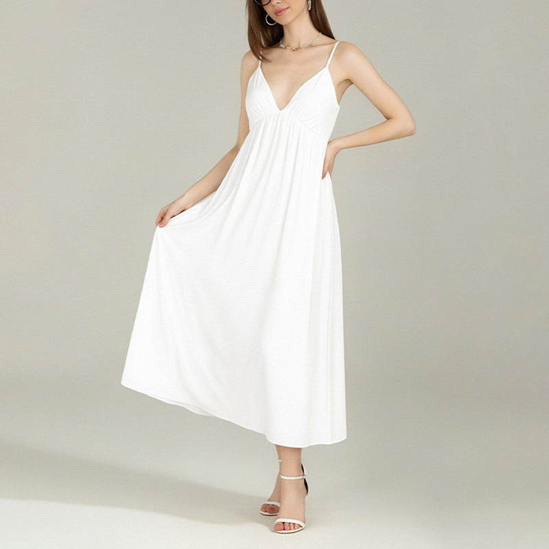 Sexy Backless Sleeveless Solid Color V-neck Dress