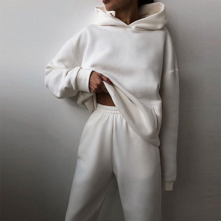 Women Fashion Casual Sports Solid Color Hooded Set