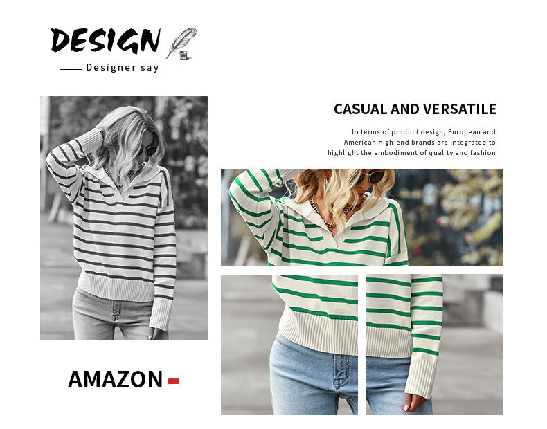 Women's knitted striped sweater lapel casual top