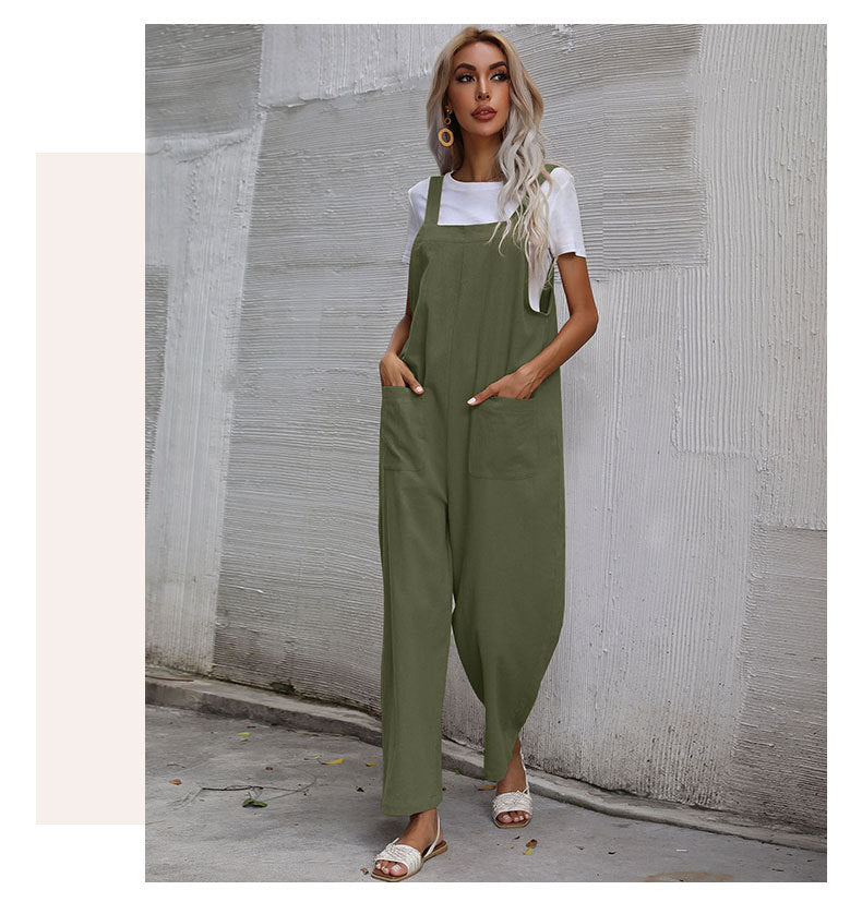 Casual Cotton and Linen Pocket Solid Color Sleeveless Jumpsuit