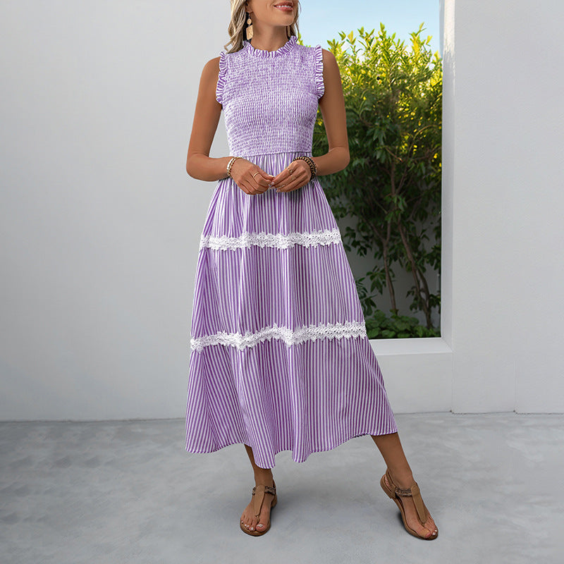 Casual Women's Lace Sleeveless Striped Dress