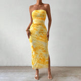 Printed High-waisted Slim Slit Tube Bodycon Dress