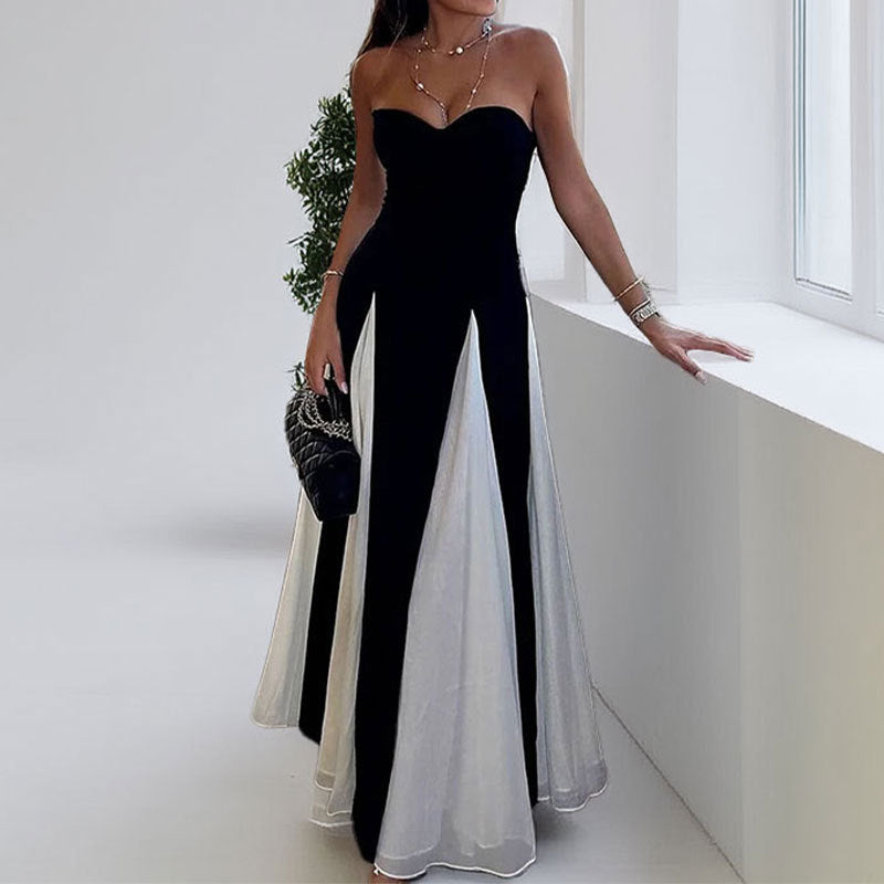 Women's Casual Contrasting Color Splicing Shoulder Strap Dress