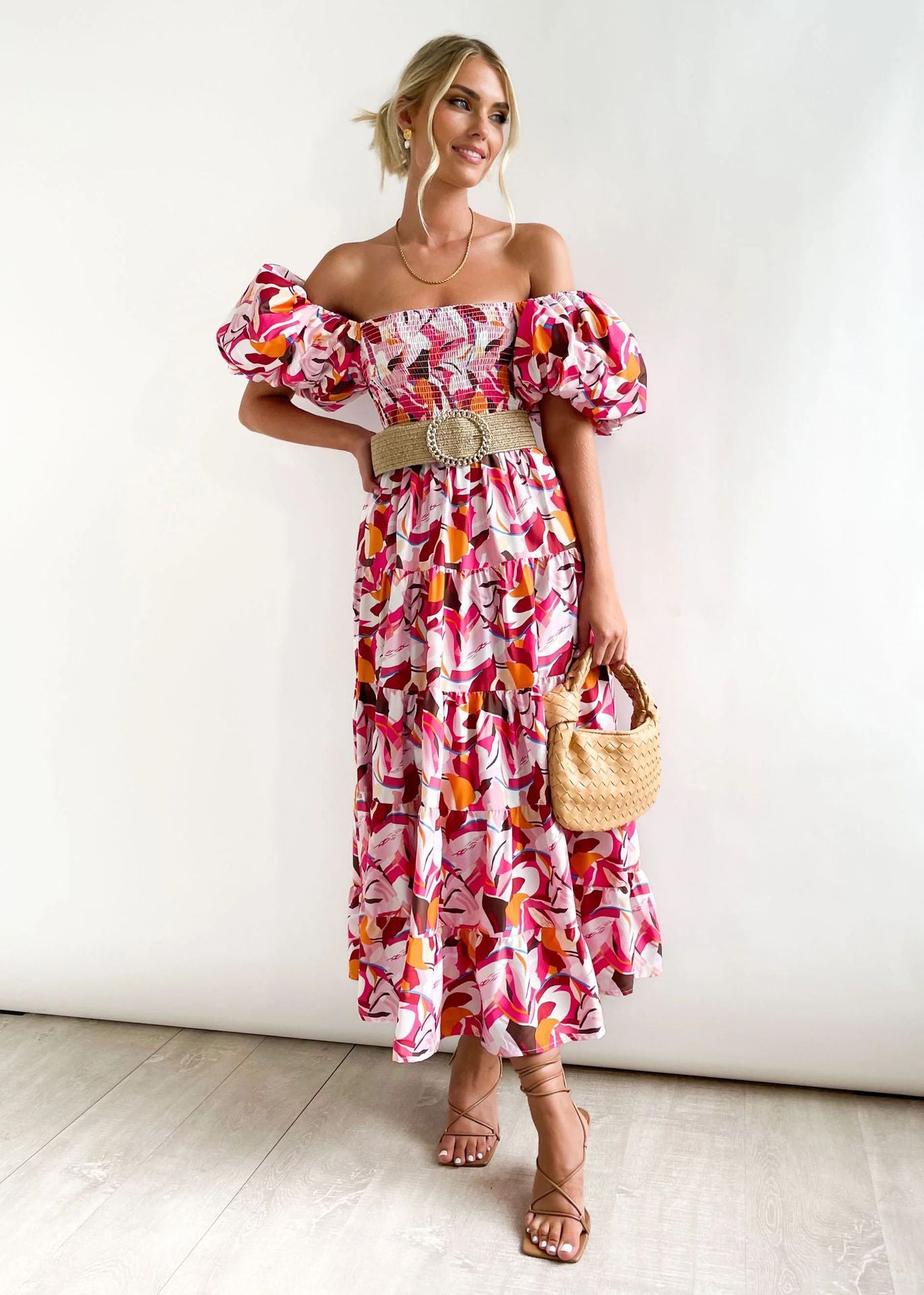 Offshoulder Printed Bubble Sleeve Dress for Women