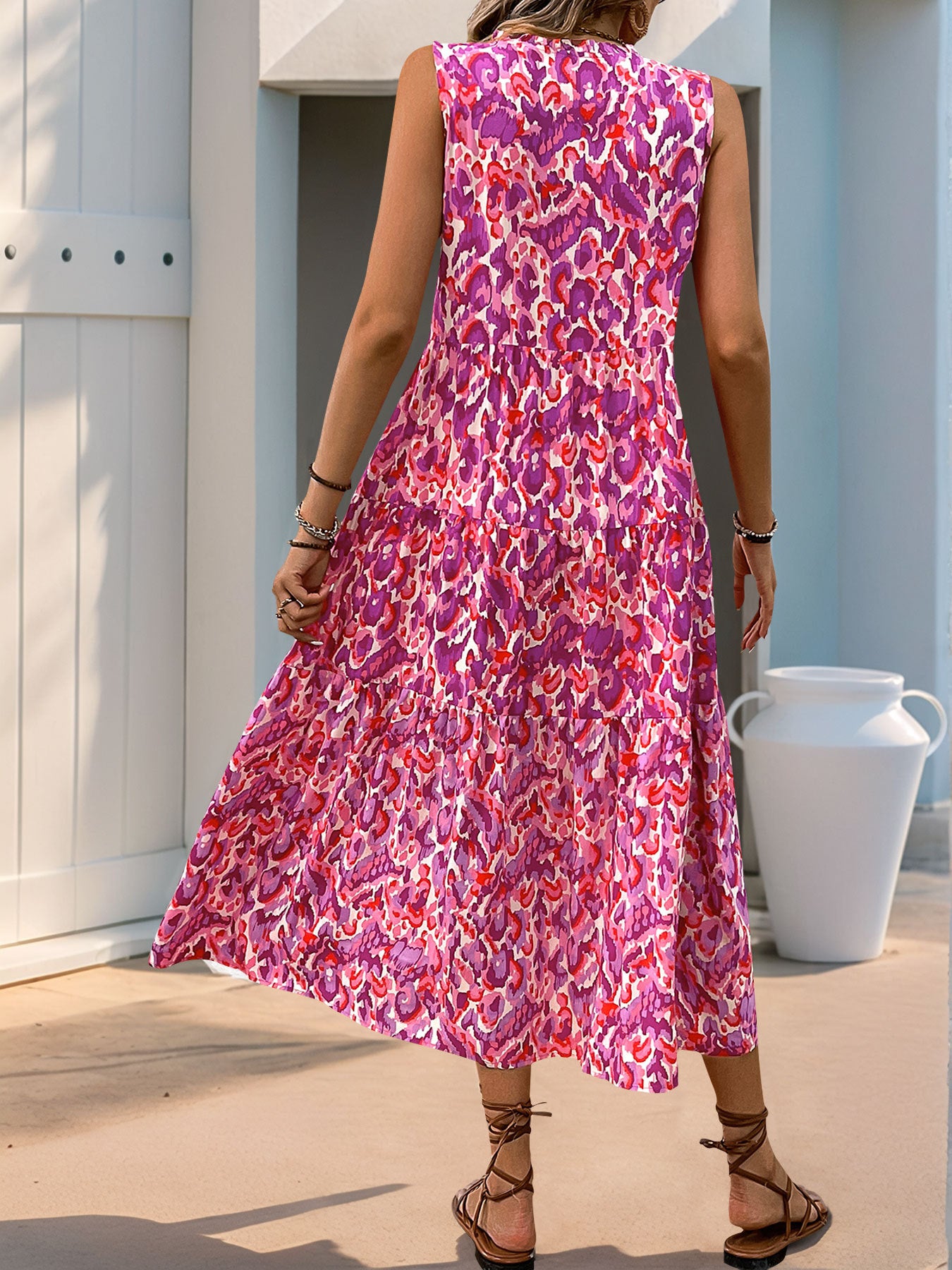 Sleeveless V-neck Fringed Print Dress for Women