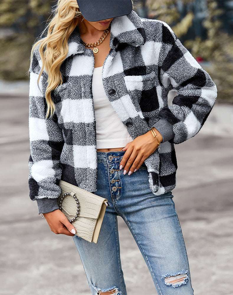 Womens Casual Plaid Shackets Brushed Flannel Button Down Pocketed Shirt Jacket Coats