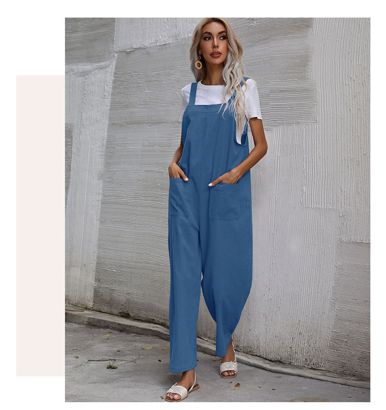 Casual Cotton and Linen Pocket Solid Color Sleeveless Jumpsuit