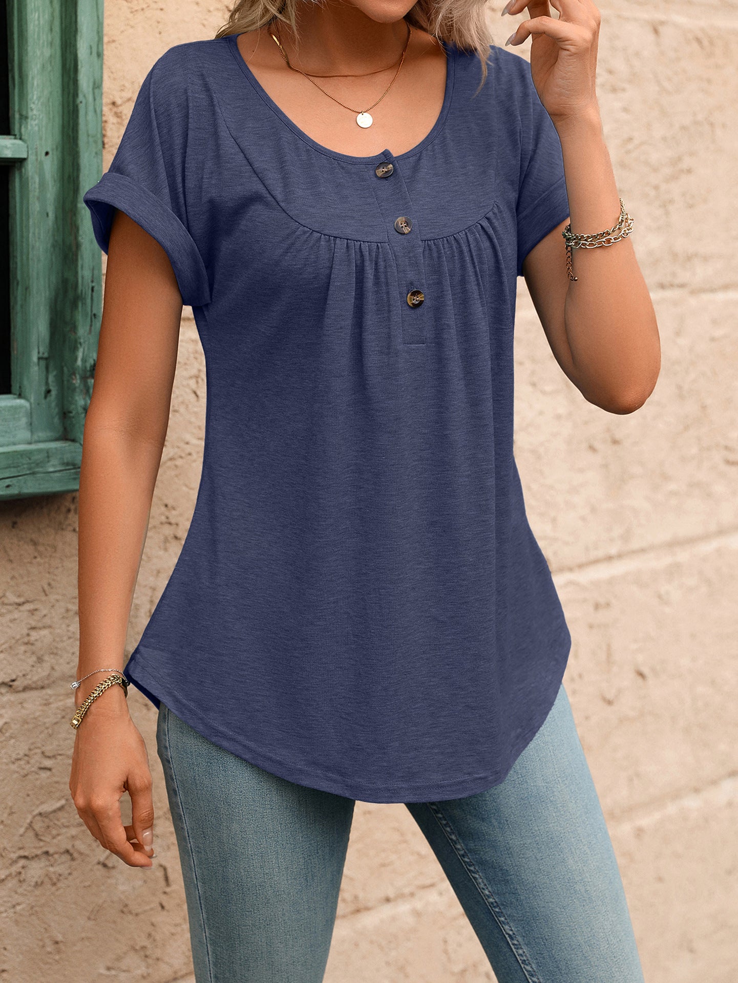Women Solid Color Crew Neck Button Short Sleeve T-Shirt